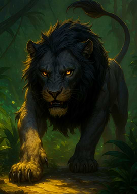Dark Lion in Jungle Illustration