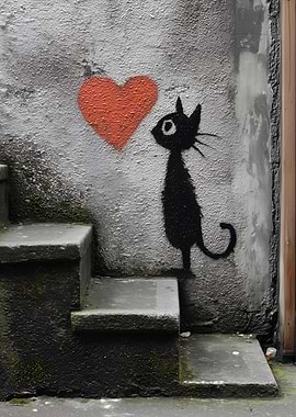 Cat and Heart Graffiti Art