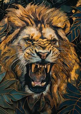 Roaring Lion Portrait with Foliage