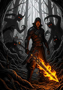 Hooded Warrior with Fiery Sword