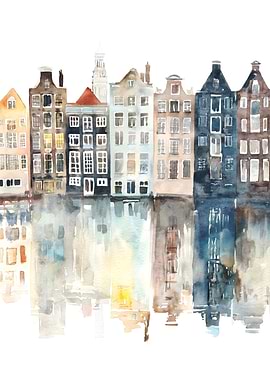 Amsterdam Canal Houses Watercolor Painting