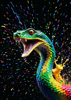 Colorful Venomous Snake with Paint Splatter