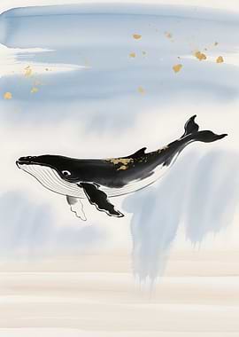 Whale in Watercolor with Gold Accents