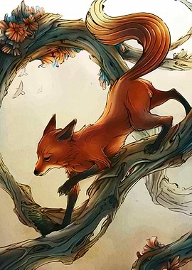 Fox on Branch Illustration