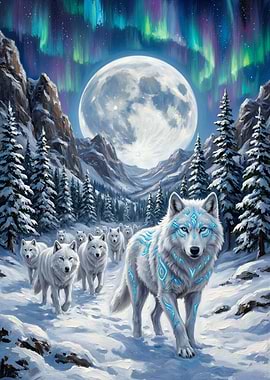 White Wolves Under Aurora Borealis