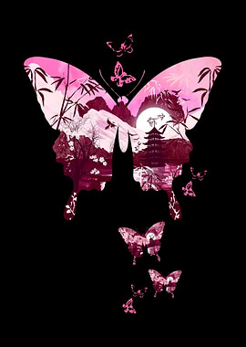 Butterfly Silhouette with Asian Landscape