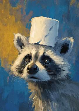 Raccoon with Toilet Paper Hat Painting