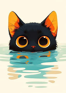 Cartoon Black Cat Swimming