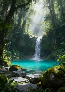 Tropical Waterfall in Lush Green Forest