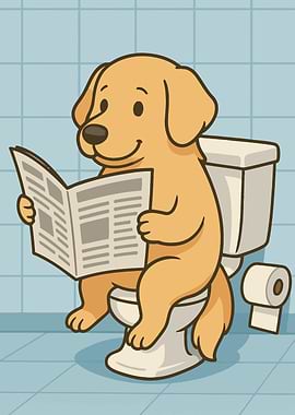 Golden Retriever Reading Newspaper on Toilet