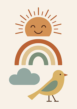 Boho Sun, Rainbow, Cloud, and Bird
