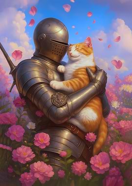 Knight hugging a cat in flowers