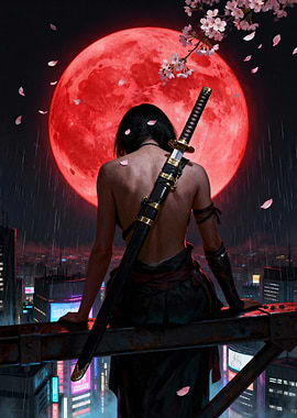 Cyberpunk Samurai with Red Moon