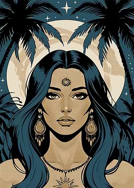 Woman with Sun Symbol and Palms