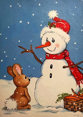 Snowman and Bunny Winter Scene Painting