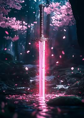 Glowing Sword in Cherry Blossom Forest