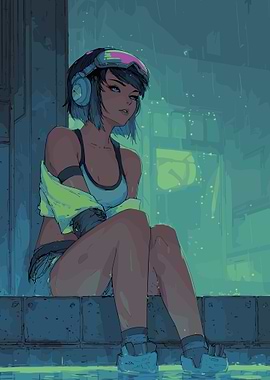 Cyberpunk Neon Girl in the Rain