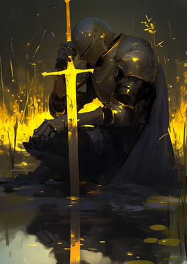 Knight Golden Sword in Water