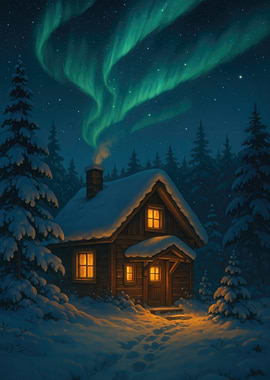 Winter Cabin Under Aurora Borealis