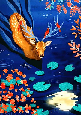 Deer with Birds in Water Painting