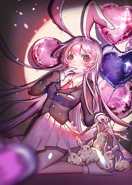 Anime Girl with Bunny Ears and Rabbits