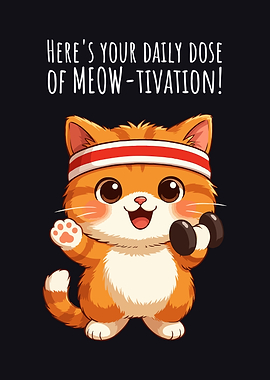 Motivational Cat with Dumbbell Cartoon Funny