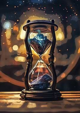 Hourglass with Blue Sand and Cityscape