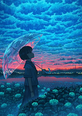 Girl with Umbrella in Rainy Landscape