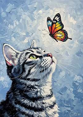 Cat and Butterfly Oil Painting