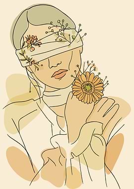 Floral Blindfold Woman Line Art