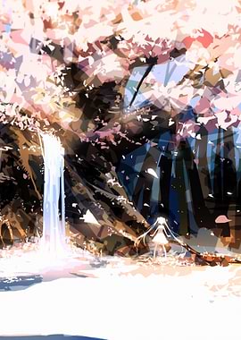 Anime Girl Waterfall Cherry Blossom Tree