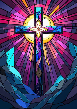 Stained Glass Cross with Sunburst