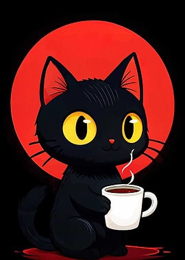 Black Cat with Coffee Cup