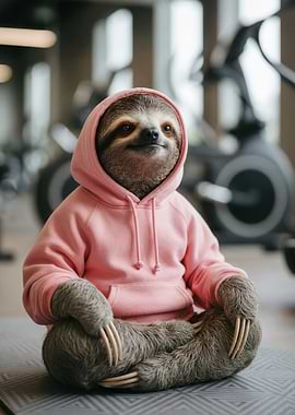 Sloth in Hoodie Meditating at Gym, funny animal