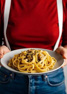 Pasta dish held by person