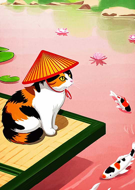Cat with Asian Hat by Pond