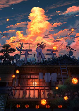 Anime Girl on Rooftop at Sunset