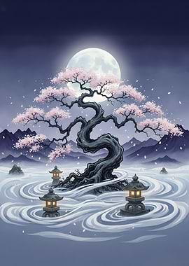 Cherry Blossom Tree Under Moonlight