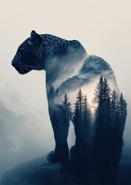 Leopard and Mountain Double Exposure