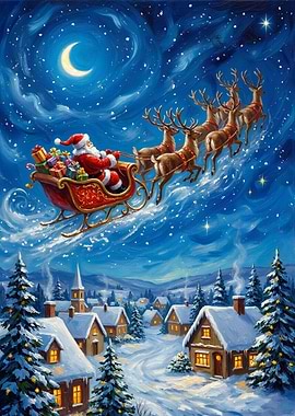 Santa's Sleigh Over Snowy Village