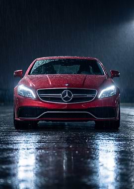 Red Mercedes CLS in the Rain