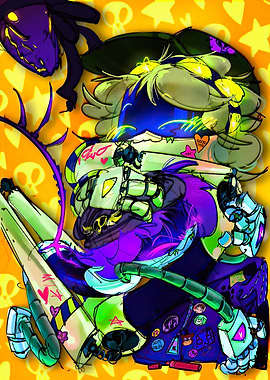 Stylized Robot Character with Skull Background