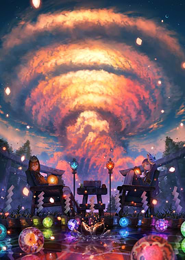 Anime Characters Under a Swirling Sky