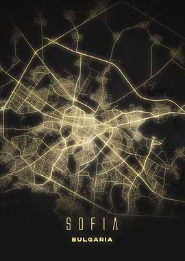 Sofia, Bulgaria - Glowing Night City Map Poster, Modern Urban Wall Art