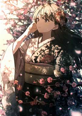 Anime Girl in Kimono with Blossoms