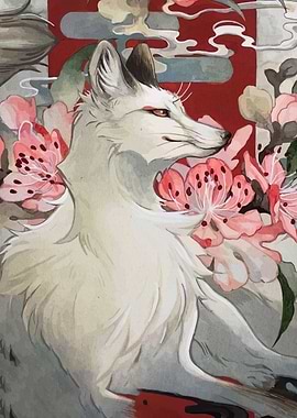Fox with Cherry Blossoms Painting