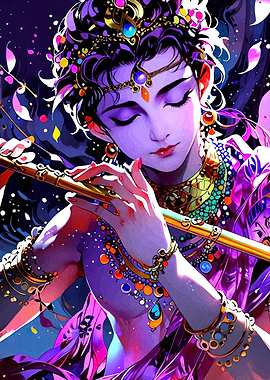 Krishna playing flute, colorful digital art