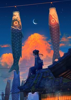 Girl on Rooftop with Koinobori