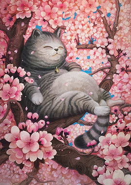 Cat in Cherry Blossom Tree