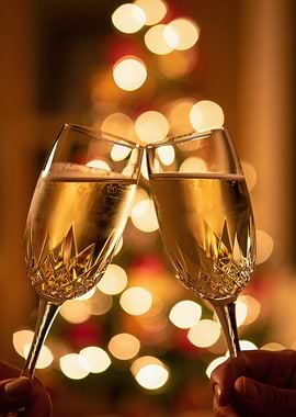 Champagne Toast with Christmas Tree Lights